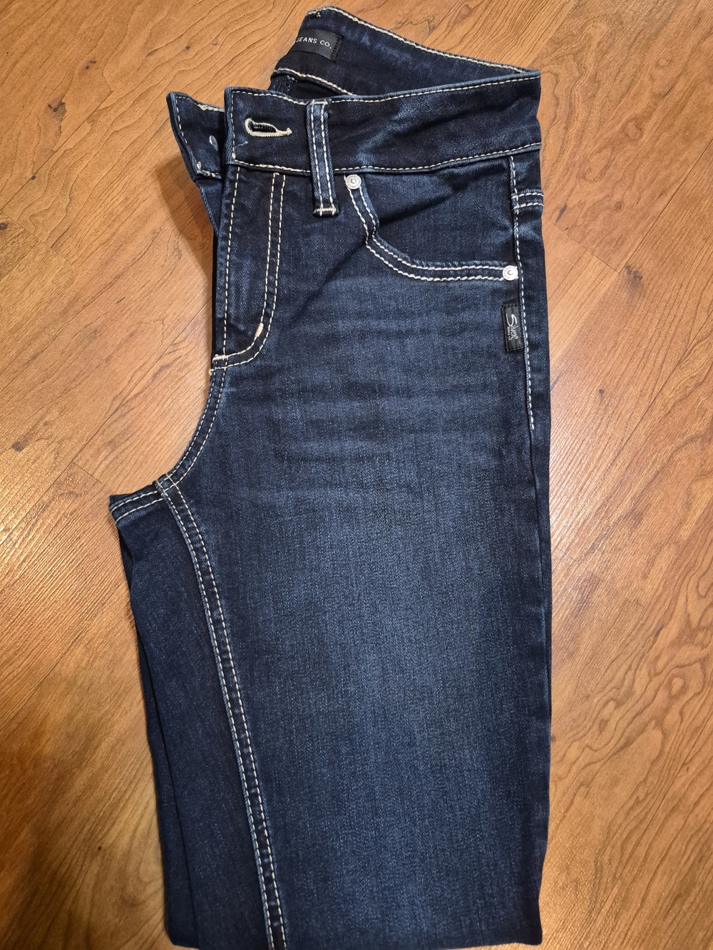Silver Jeans Dark Navy Denim with Cream Stitching
